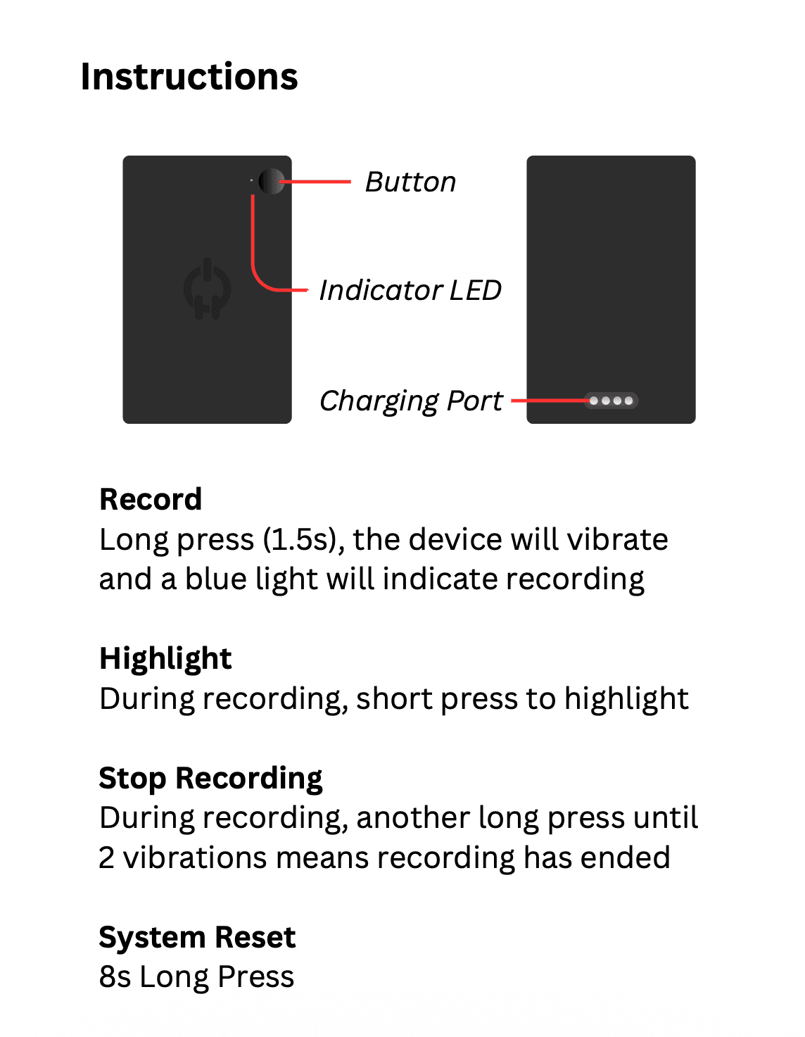 Ruune device anatomy and button controls: record, highlight, stop recording, and system reset.