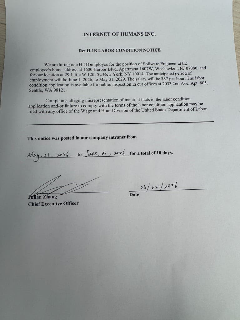 Signed H-1B Labor Condition Notice for Software Engineer position