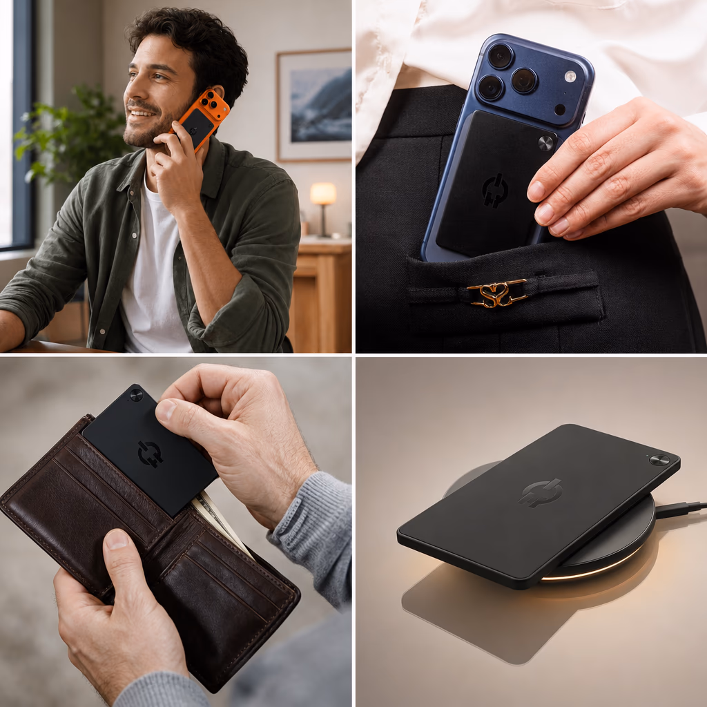 Ruune on a call, in a pocket, in a wallet, and charging wirelessly
