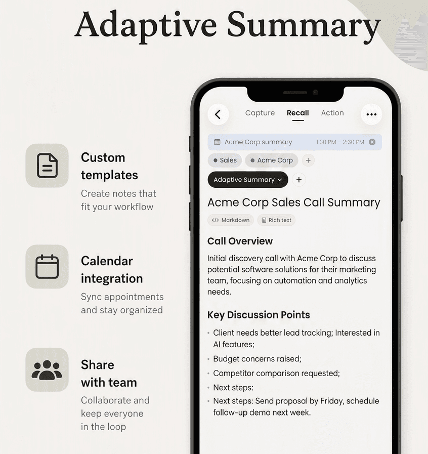 Ruune app adaptive summary of a recorded conversation