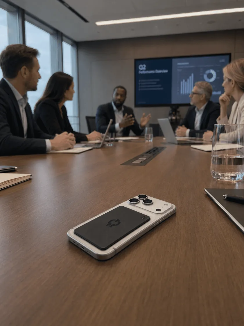 A phone with Ruune on its back lying on a meeting table.