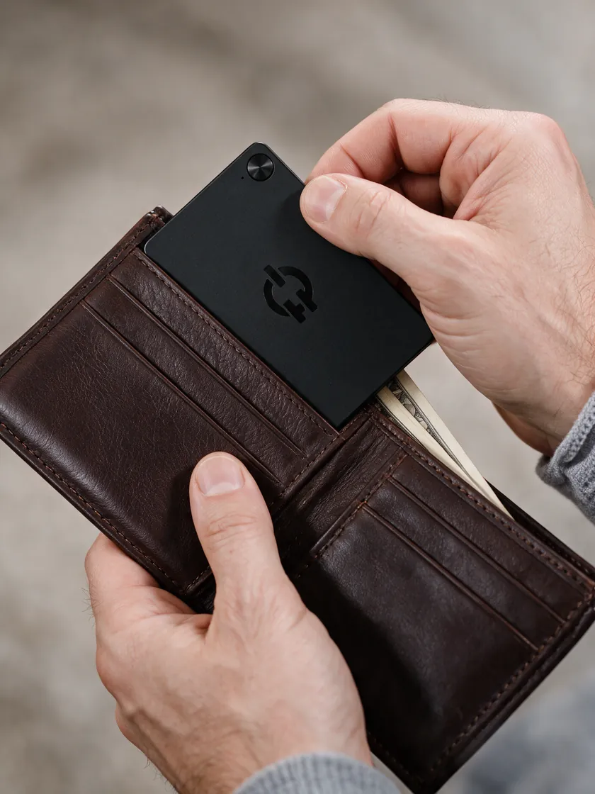 Ruune sliding into a leather wallet.