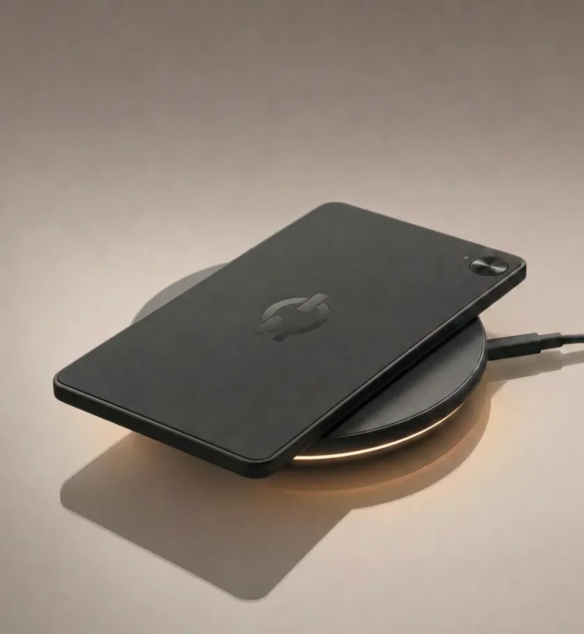 Ruune lying on a round wireless charging pad.